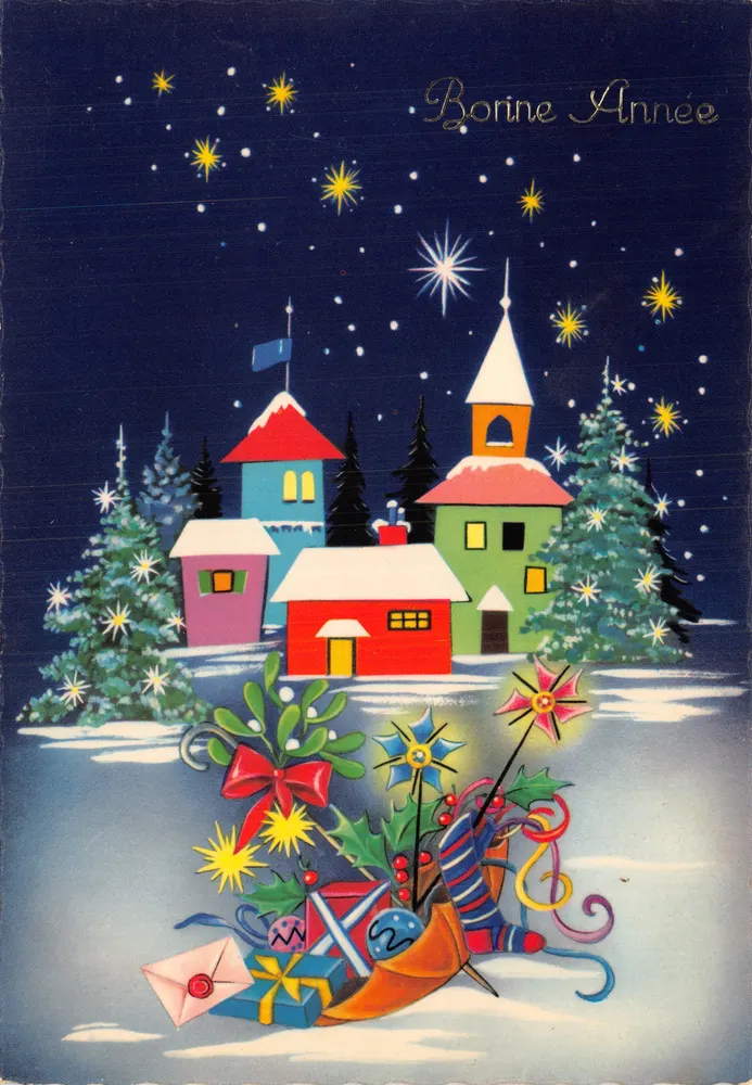 Weihnachtsdorf — nächtliche Szene mit farbigem Gebäude und Dekorationen — Éditions G. PICARD, Paris - Vorderseite