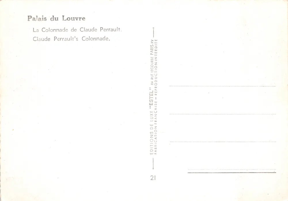 Palais du Louvre — La Colonnade de Claude Perrault — Éditeur Estel - Verso