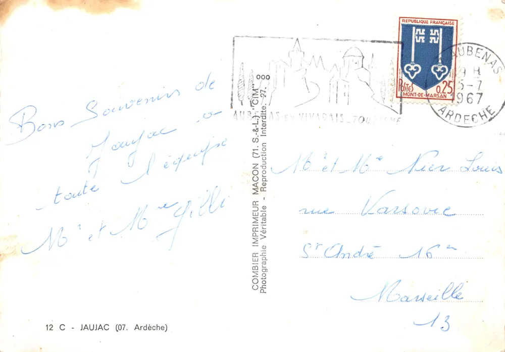 Jaujac — Basaltströme, Brücke Chastelat, allgemeine Ansicht — Imprimeur Combière (71 S.&L.) - Rückseite