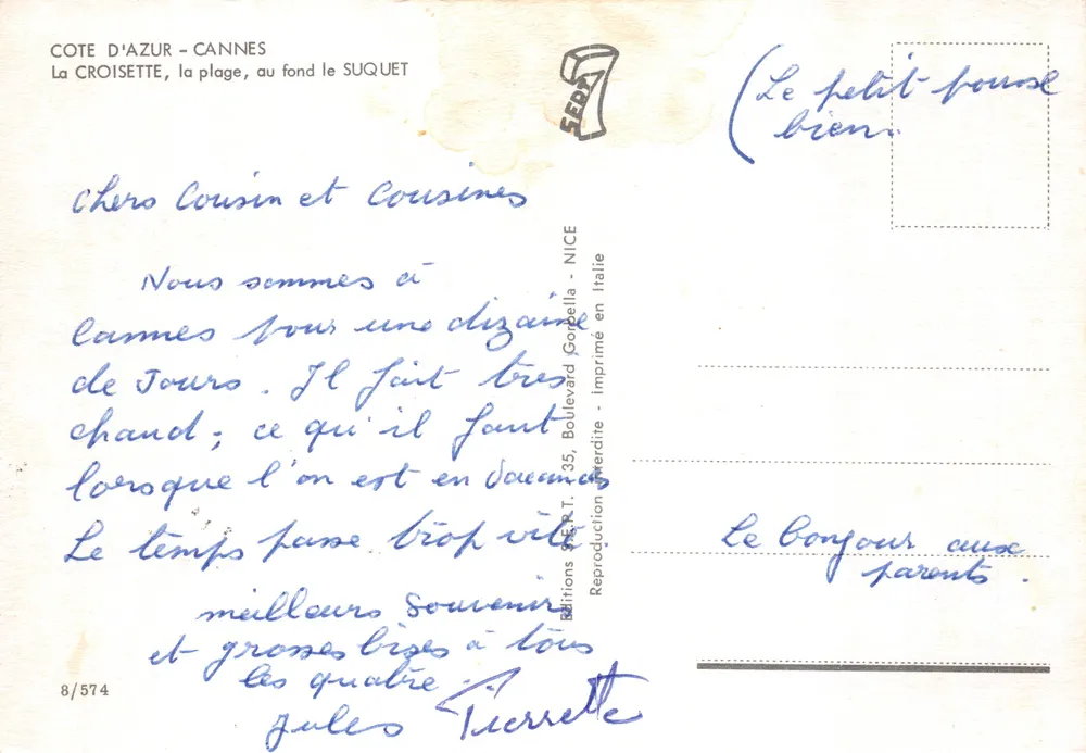 Cannes — Ansicht von La Croisette, im Hintergrund Le Suquet — Editions S.E.B.A. 8/574 - Rückseite