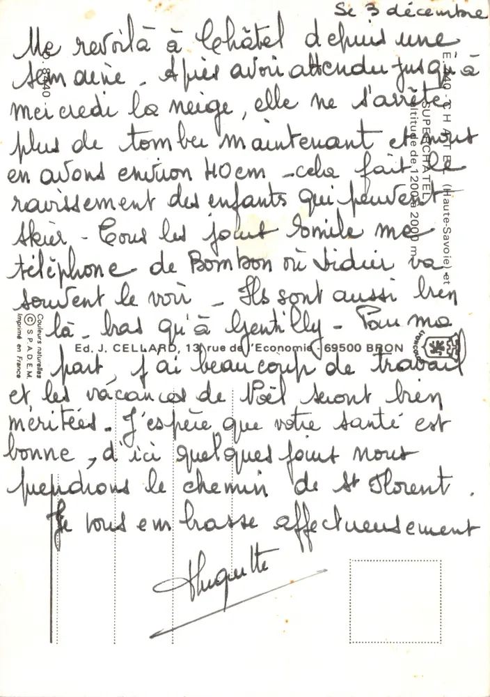 Super Châtel — vue panoramique et station de ski — éditeur Ed. J. Cellard - Verso