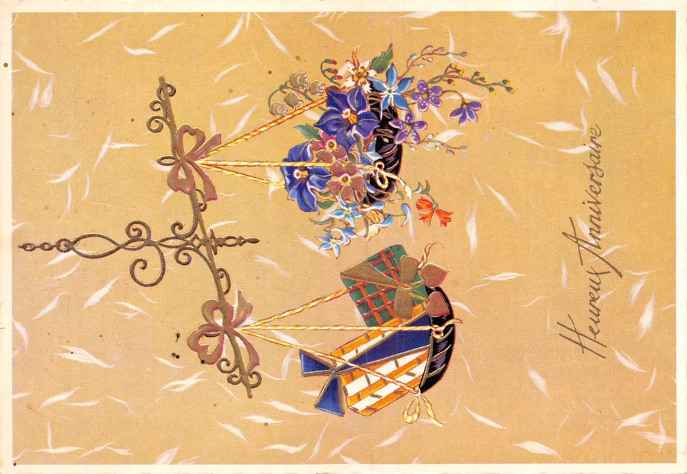 Hängender Blumenstrauß und Geschenk — Dekorative Illustration — M.D. PARIS, Serie Nr. 7005 - Vorderseite
