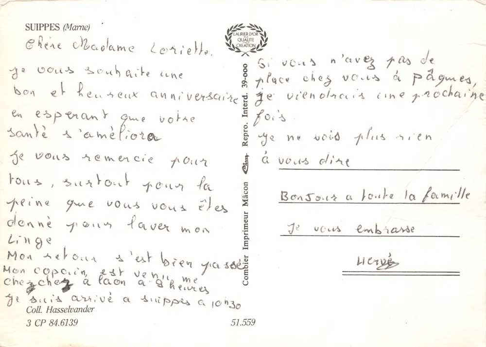 Suippes — vue aérienne des bâtiments et du château — Imprimeur Combier - Verso
