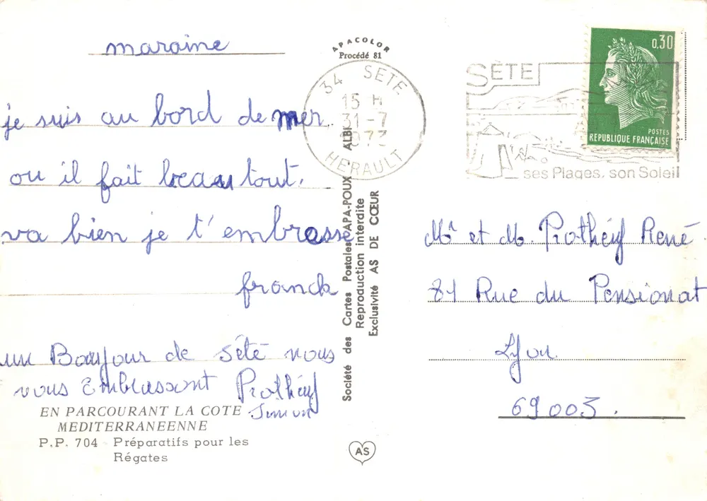 Strand von Sète — Segelregatten — Société des Cartes Postales APA-POUX - Rückseite