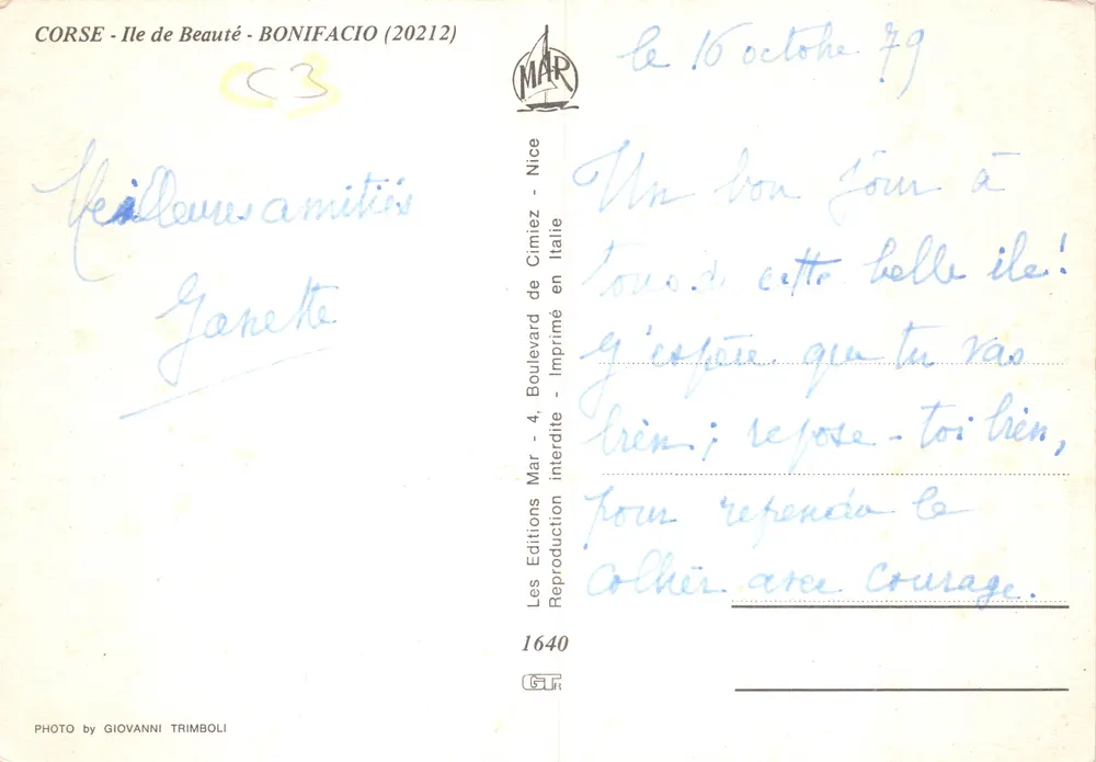Bonifacio — Panoramablick und Hafen — Verlag MAR, Nr. 1640 - Rückseite
