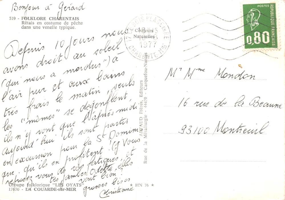 Fischer in traditionellem Kleid in einer typischen Gasse — Charentais Volksbräuche, Verlag ARNAUD Frères, n°519 - Rückseite