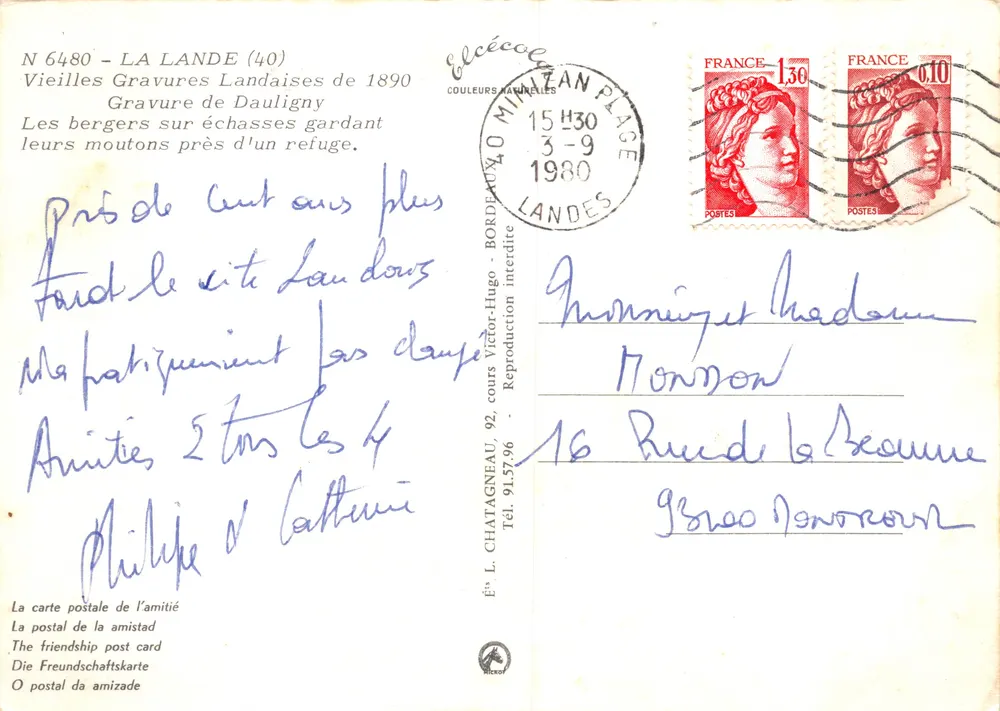 La Lande im Jahr 1890 — Schäfer auf ihren Stelzen — Kupferstich von Dauligny - Rückseite