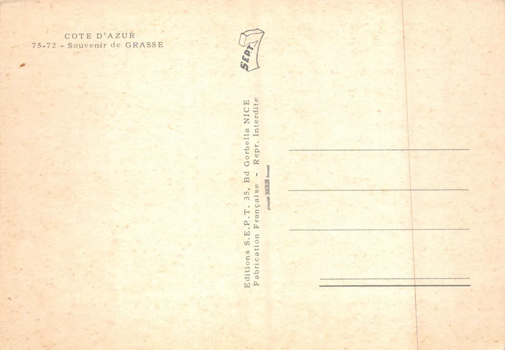 Mimosenblüten — Ansicht von Grasse — Erinnerung an Grasse, Verlag Cote d'Azur - Rückseite