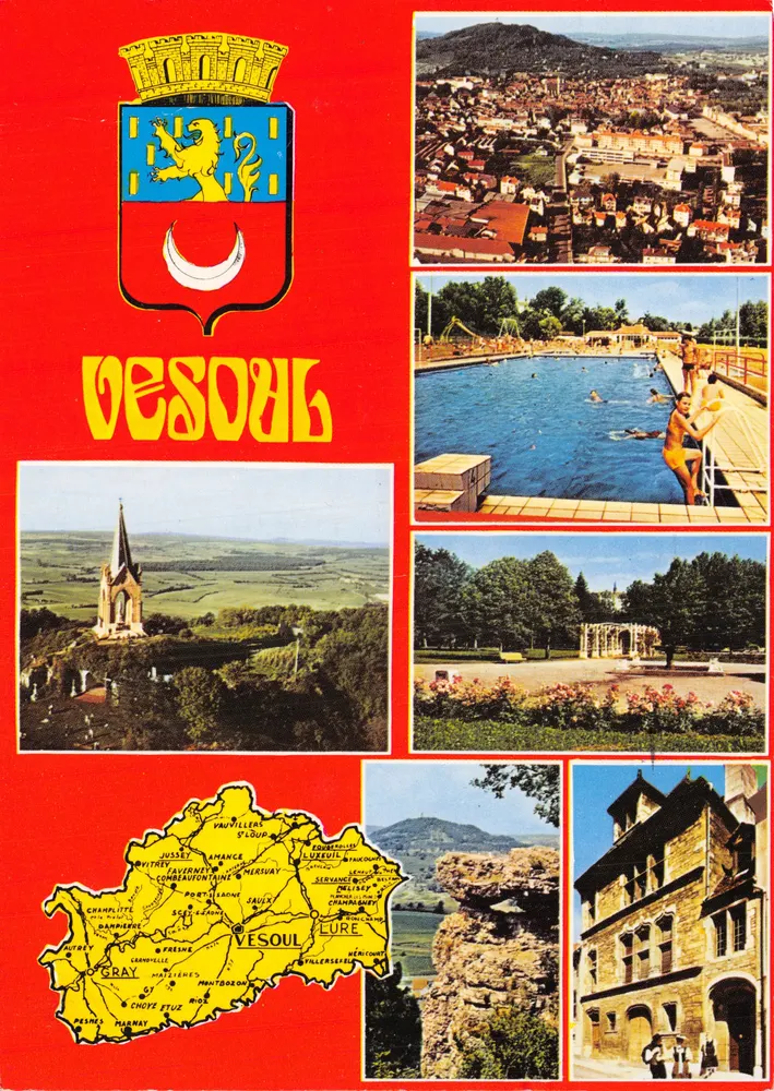Vesoul — Luftbild, Schwimmbad, Kirche, Postkarte mit Stempel und Postmark - Vorderseite