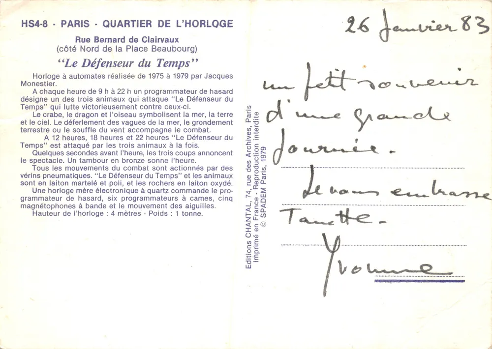 Uhr des Zeitvertreters — Werk von Jacques Monestier — Éditions CHANTAL, Paris - Rückseite
