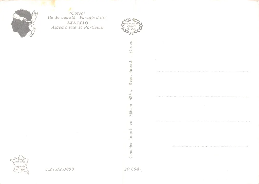 Ajaccio — vue de Porticcio — éditeur Combier Imprimeur Mâcon - Verso