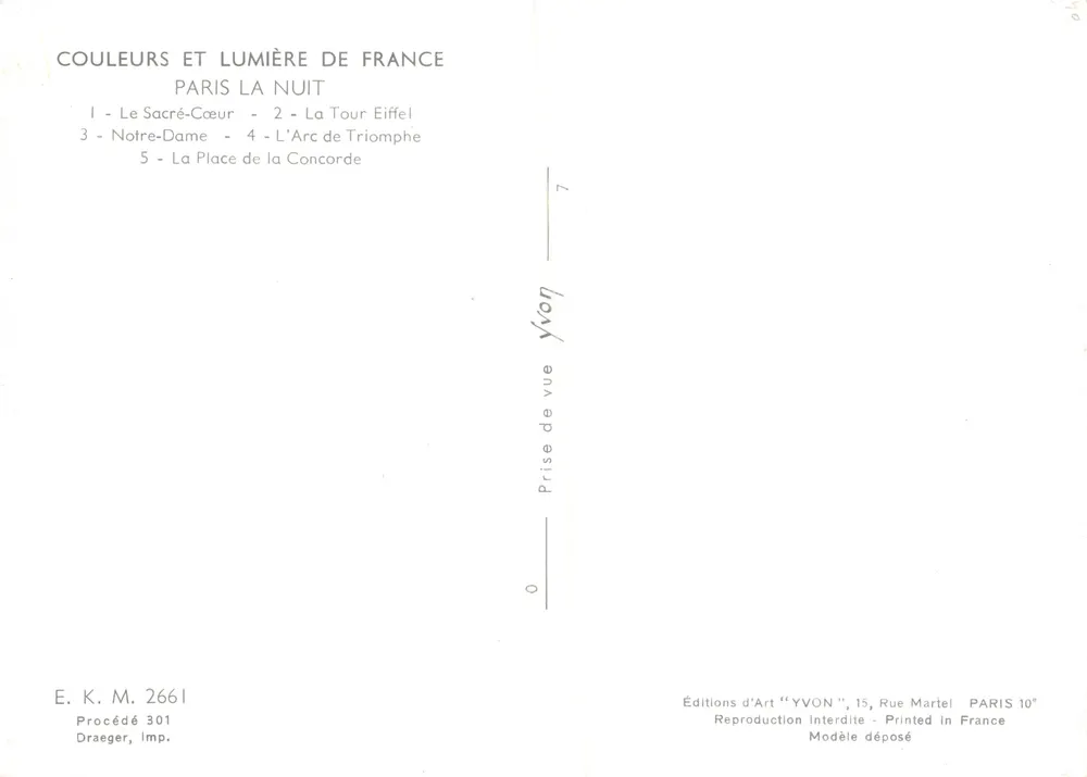 Paris la Nuit — vue nocturne de 5 monuments — Éditions d'Art 'YVON' - Verso