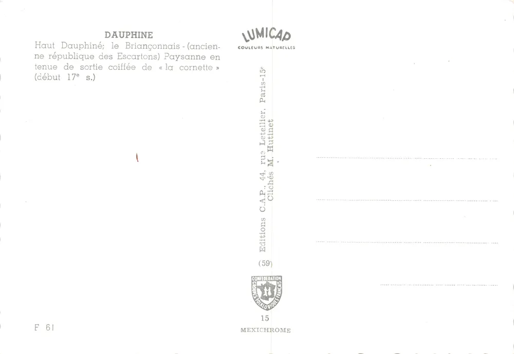 Frau in traditioneller Kleidung — Dauphiné — Verlag LUMICAP - Rückseite