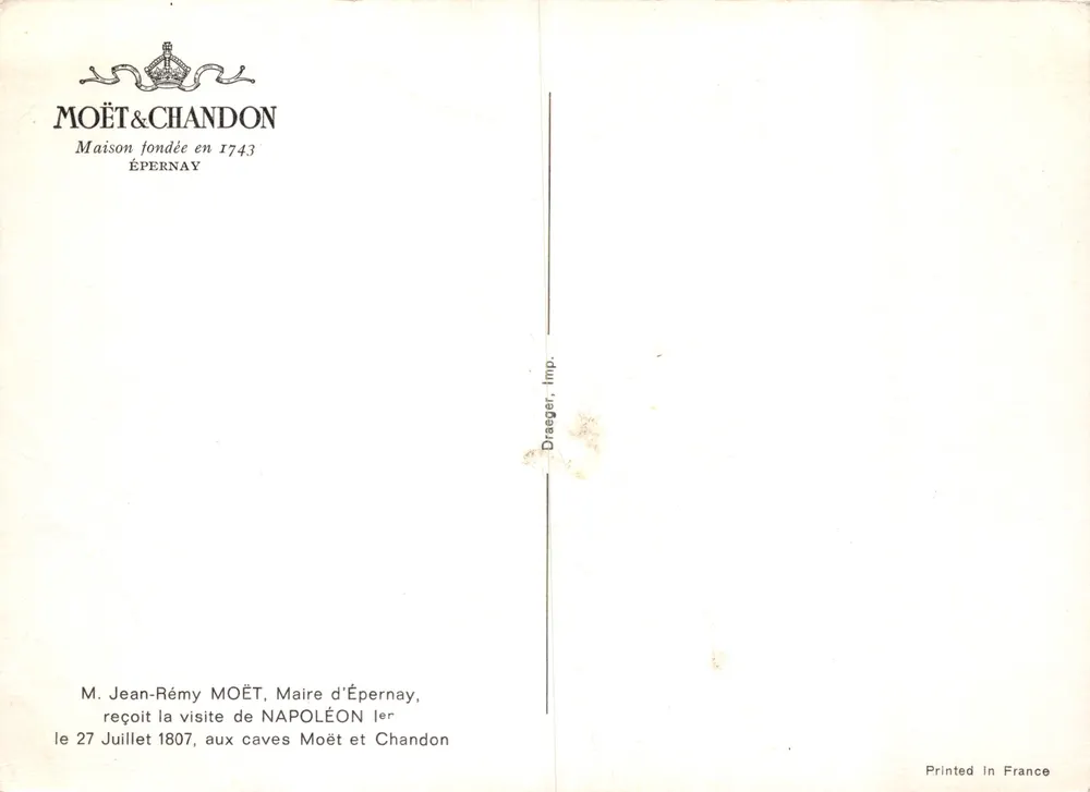Napoléon Ier — visite aux caves Moët & Chandon — éditeur Dreeger, Imp. Épernay - Verso
