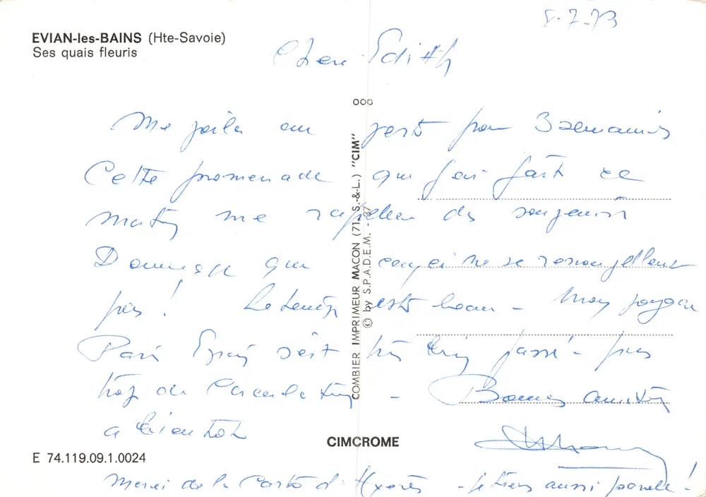 Évian-les-Bains — seine blumengeschmückten Ufer — Imprimeur CIMBRE (77) S.&L. n° E 74.119.09.1.0024 - Rückseite