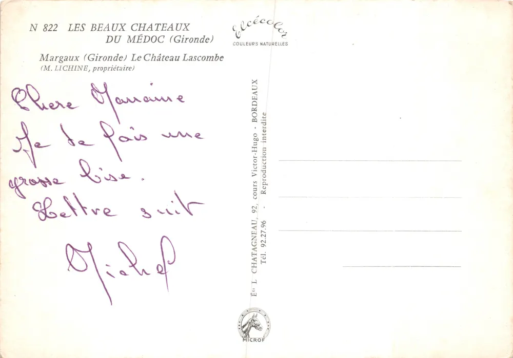 Le Château Lascombe — Margaux (Gironde) — Éditeur Elcée, N° 822 - Verso