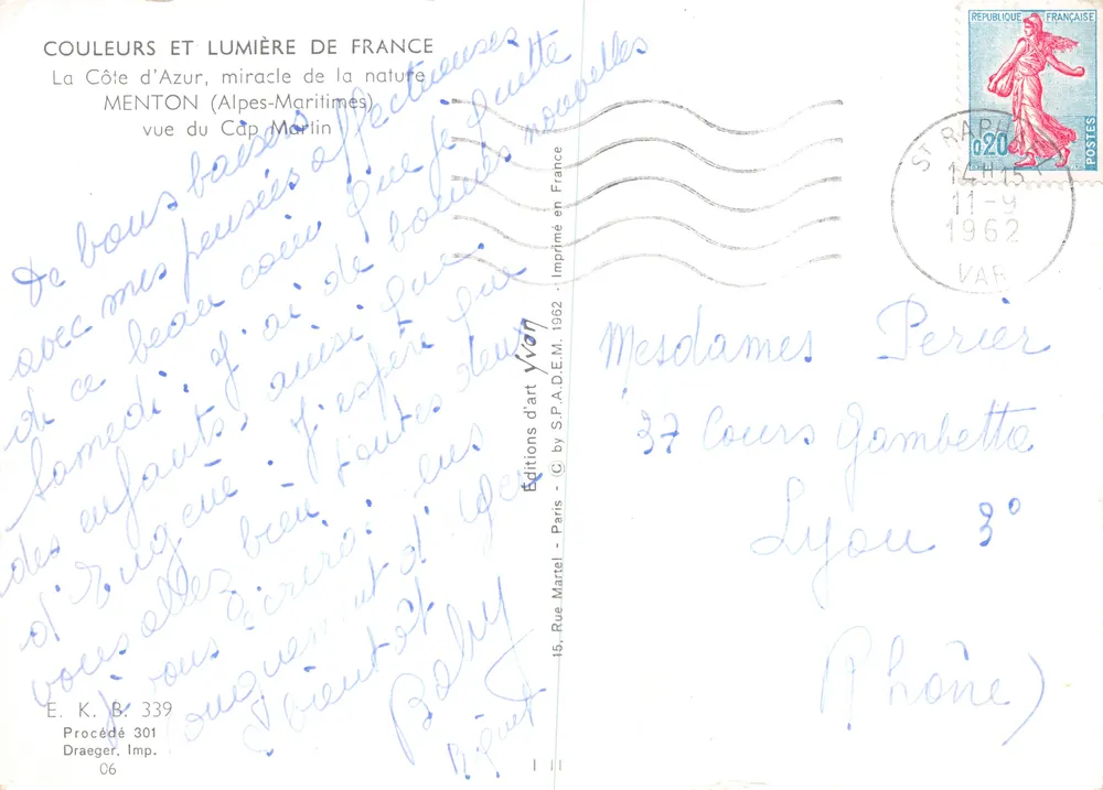 Cap Martin — vue du Cap Martin — Éditions d'art S.P.A.D.E.M. 1962 - Verso