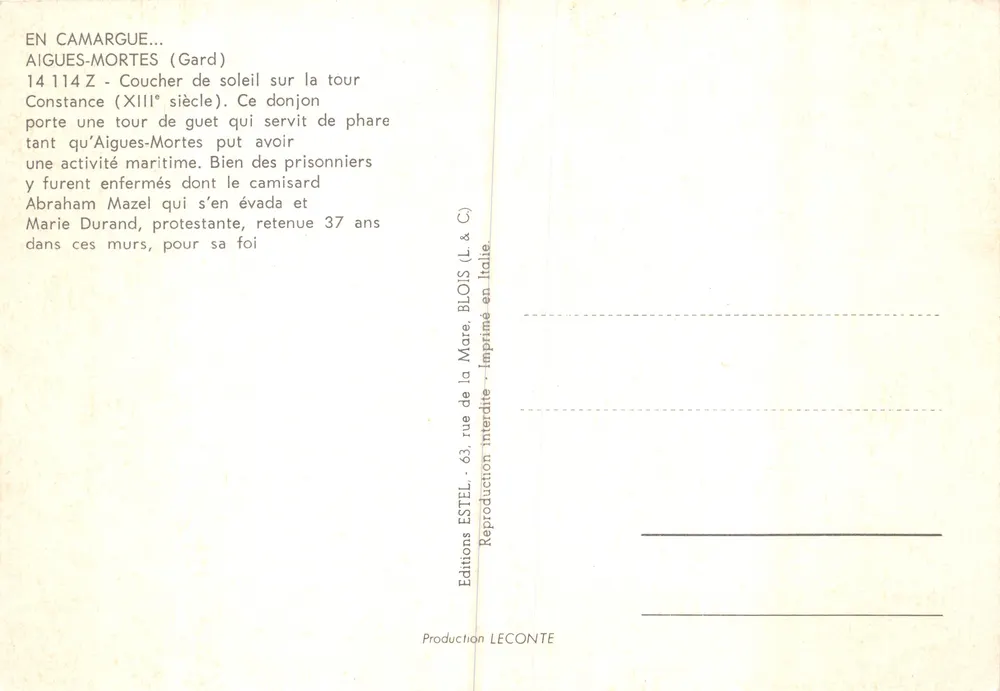 Aigues-Mortes — Sonnenuntergang über die Wachtürme (Leuchtturm) — Verleger Estel - Rückseite