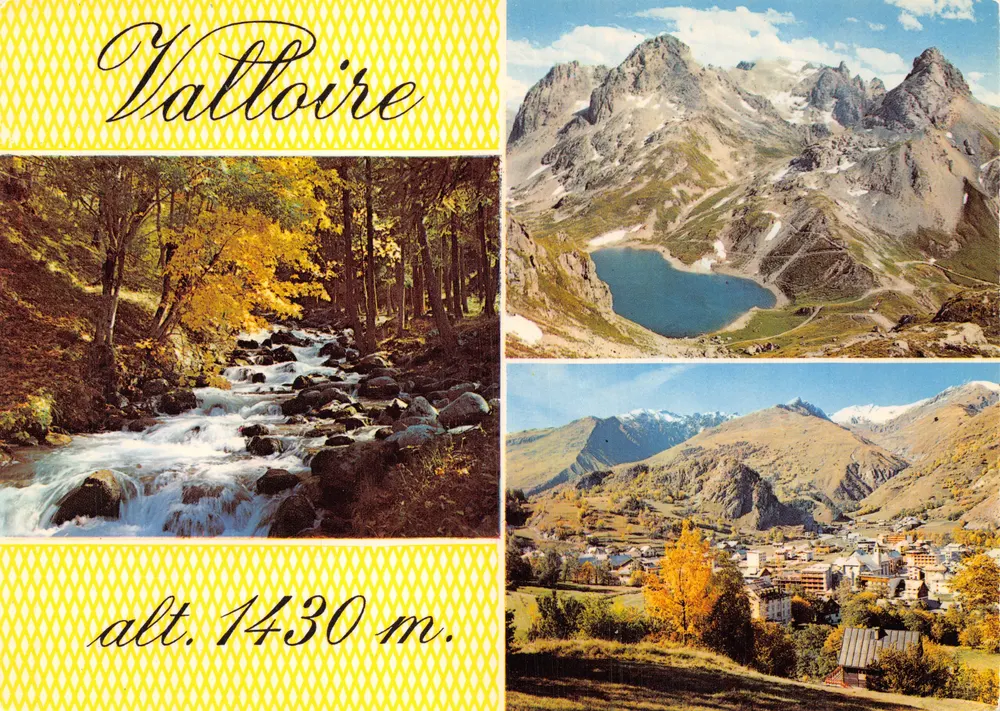 Valloire — Panoramablick mit See, Herbstwald und Dorf — Éditions E. Grange - Vorderseite