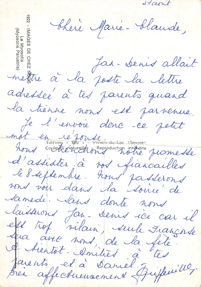 Verzeih-mich-nicht — Ansicht blauer Blüten mit wiederholtem gedrucktem Text — Verlag Edy - Rückseite