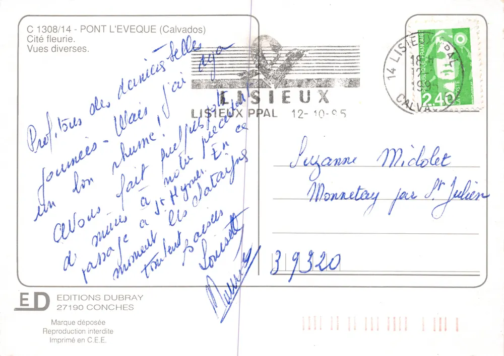 Pont-l'Évêque — Panoramablick und Gebäude — Éditions Dubray, n° C 1308/14 - Rückseite