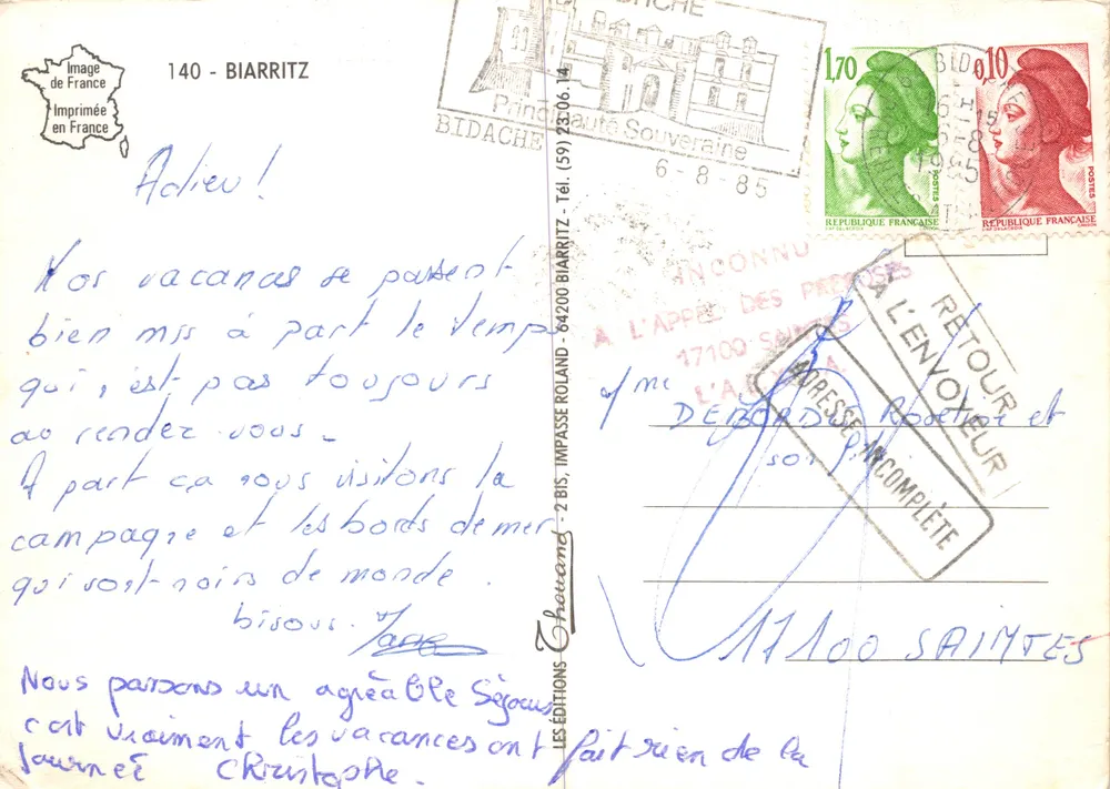Biarritz — Felsen der Jungfrau, Fischereihafen, Strand, Leuchtturm — Éditions Thouand - Rückseite