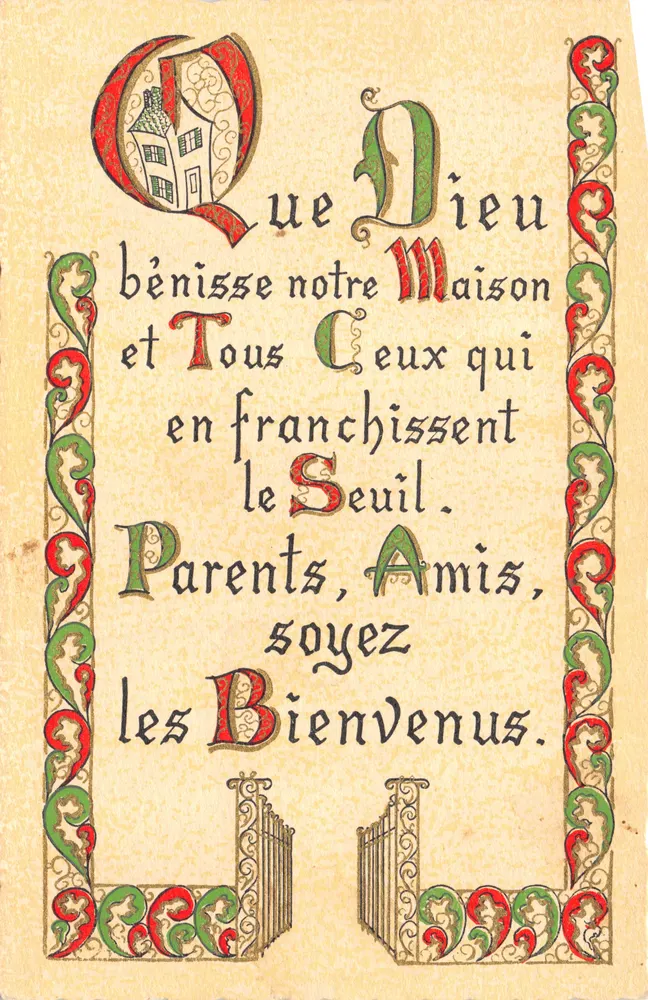 Haussegen — dekorativer Text in gotischen Buchstaben — Roussel Graveur, Rouen, Q1 - Vorderseite