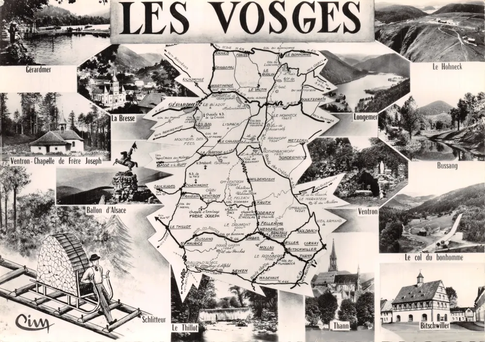 Die Vosgien — illustrierte Ansichtskarte mit Karte und Ortsvignetten — Verlag Cimy - Vorderseite