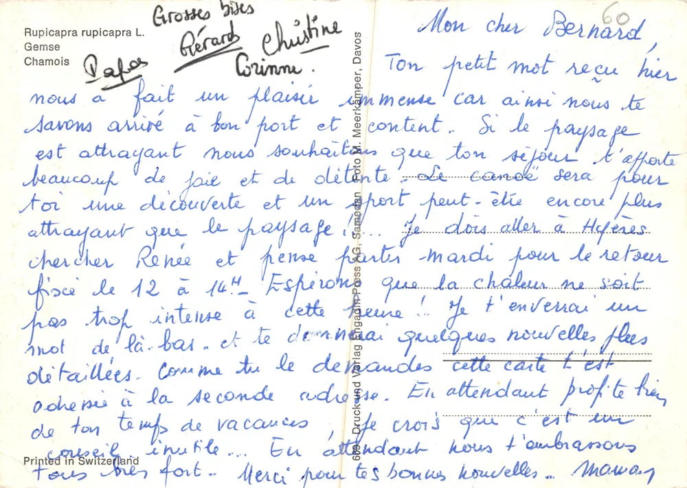 Gémeaux — chamois dans la neige — éditeur Meerkämper, Davos - Verso