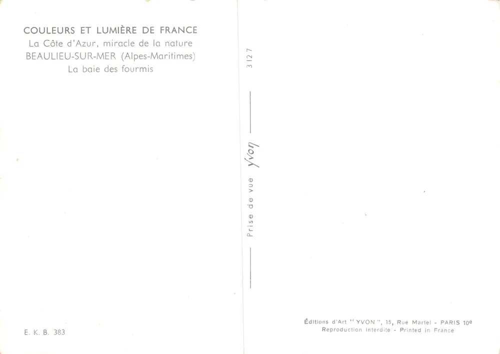 Beaulieu-sur-Mer — Bucht der Ameisen — Éditions d'Art 'YVON' - Rückseite