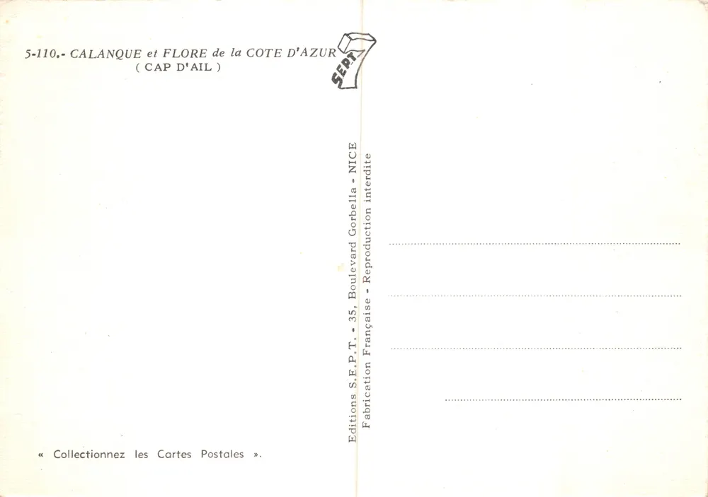 Calanque et fleurs de la Côte d'Azur — Cap d'Ail — Éditions S.E.P.T. - 35, Boulevard Gorbella - Nice - Verso