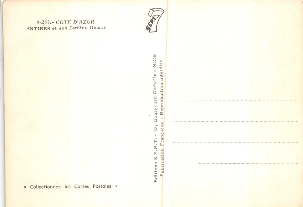Antibes — Jardin fleuri avec banc et poterie — Éditions S.E.P.T., NICE - Verso