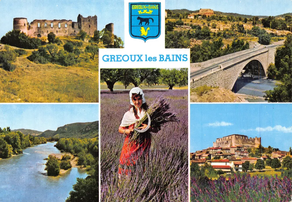 Greoux-les-Bains — zusammengesetzte Ansicht mit Schloss, Brücke, Lavendel und Fluss — Verleger Les Éditions Mar, Nice - Vorderseite