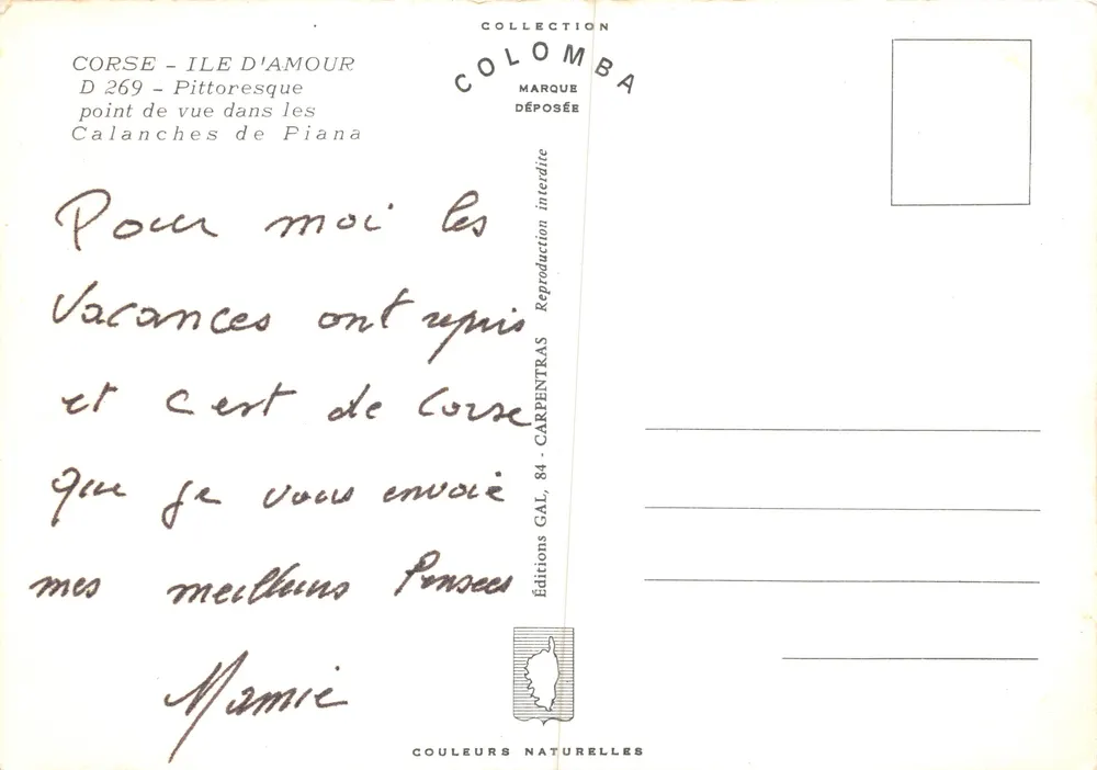 Calanches de Piana — vue pittoresque — Éditions Colomba - Verso