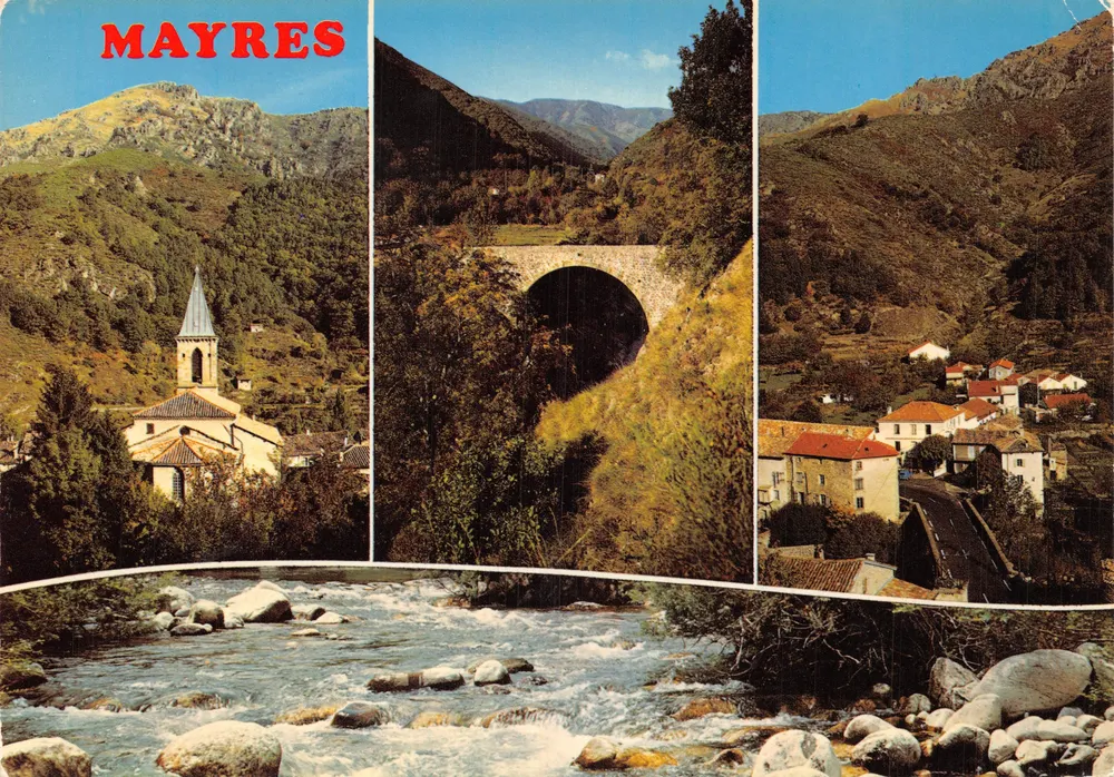 Mayres — Panoramablick mit Kirche, Brücke und Dorf — Ed. J. Cellard - Vorderseite