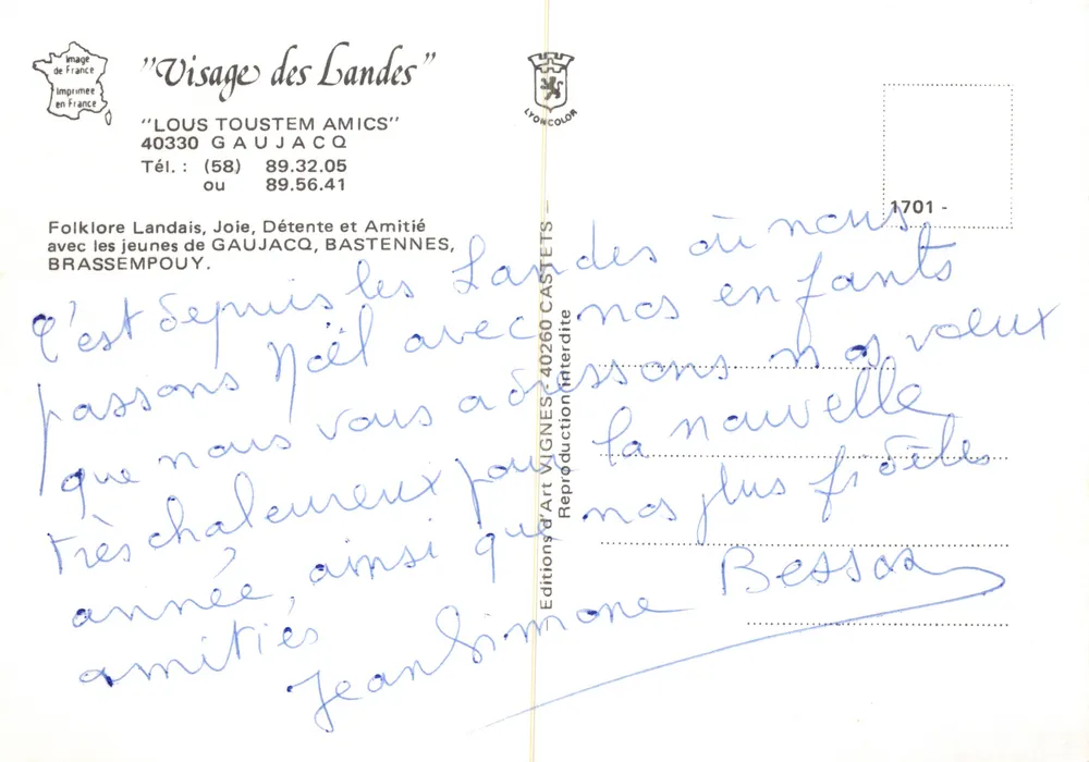 Landais-Folklore — traditionelle Tanzszene vor einem Fachwerkhaus — Éditions Art Vignes, 40260 Castets - Rückseite