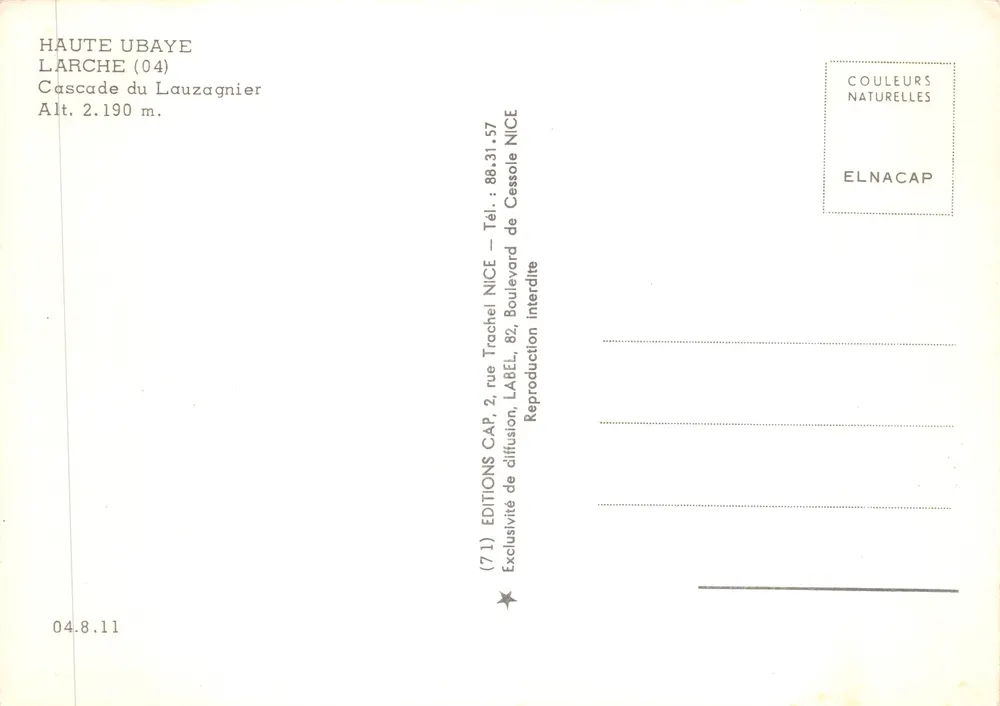 Hohe Ubaye — Wasserfall du Lauzagnier — Editions Trachel, NICE - Rückseite