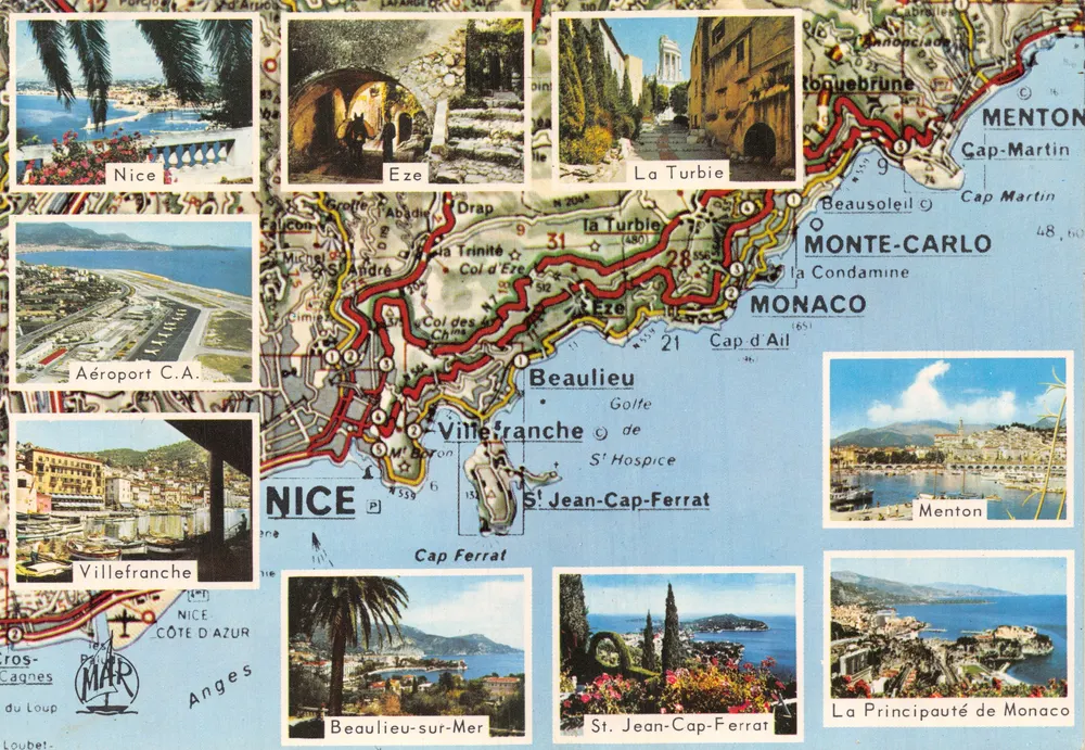Die Côte d'Azur — Panoramablick mit Karte und Vignetten — Editions MAR - Vorderseite