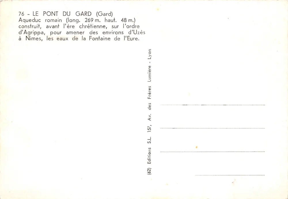 Pont du Gard — aqueduc romain — Éditions des Frères Lumière, Lyon - Verso