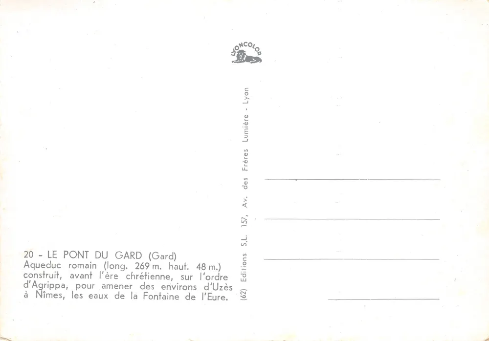 Pont du Gard — aqueduc romain — Éditions des Frères Lyon-Lumière, Lyon - Verso