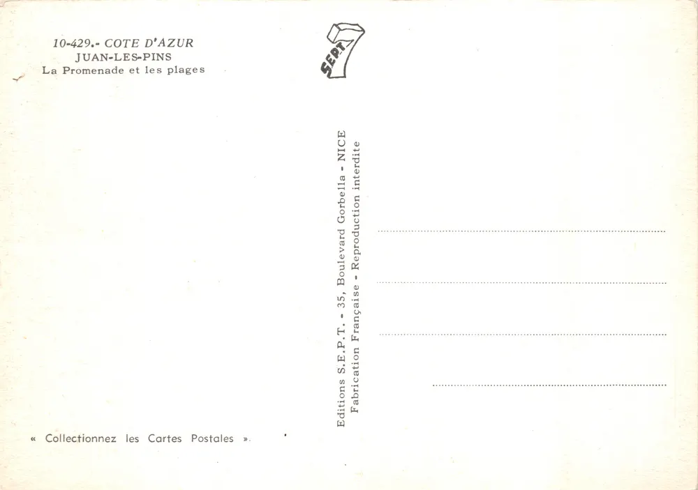 Juan-les-Pins — La Promenade et les plages — Éditions S.E.P.T. - NICE - Verso