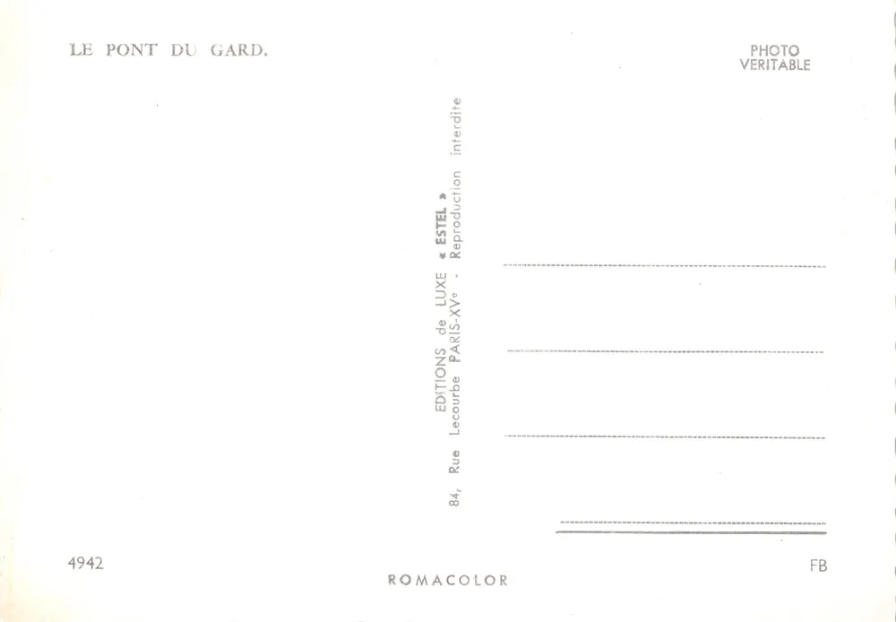 Brücke von Gard — römischer Aquädukt auf dem Gard — Verlag Estel, Nr. 4942 - Rückseite