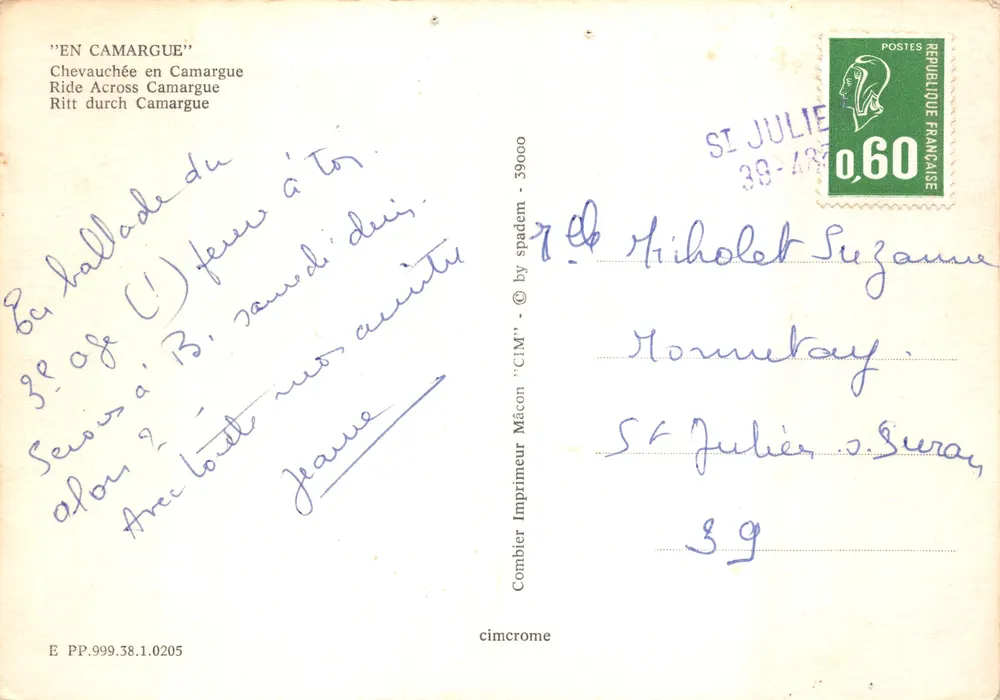 Galopp in der Camargue — Szene eines Pferderennens im Wasser — Verlag Combiert Drucker Mâcon - Rückseite