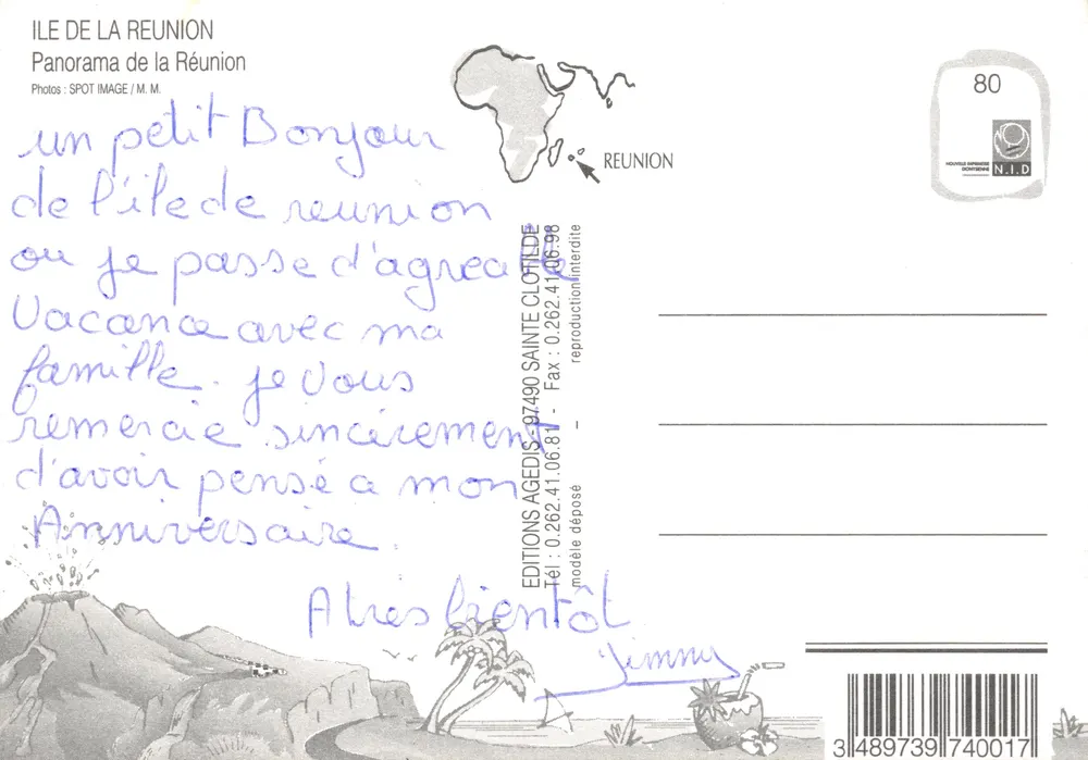 La Réunion — touristischer Panoramablick mit topografischer Karte — Editions Agedis - Rückseite
