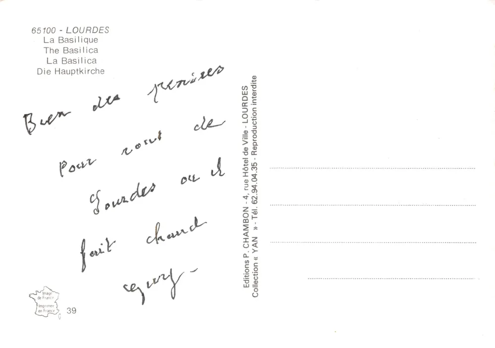 Lourdes — Die Basilika — Éditions P. CHAMBON, Sammlung Frankreich, Nr. 39 - Rückseite
