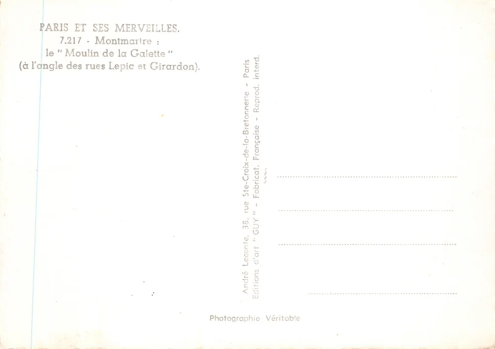 Montmartre — Der Moulin de la Galette an der Ecke der Straßen Lepic und Girardon — Verlag GUY - Rückseite