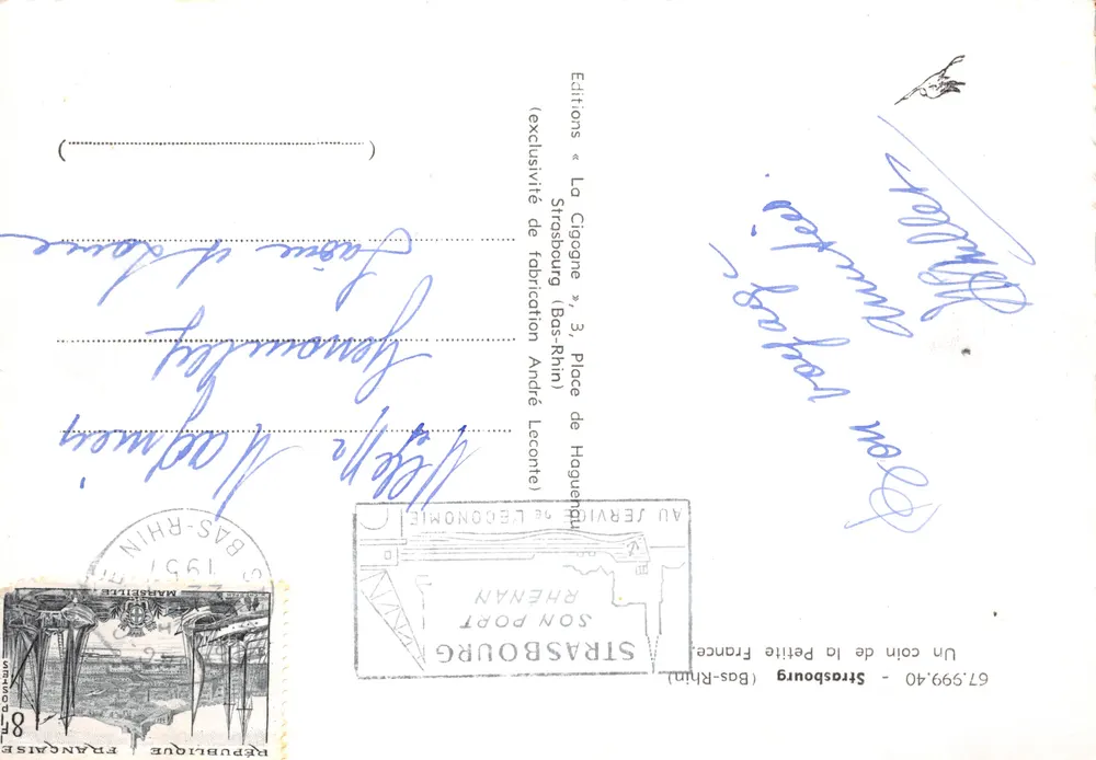 Straßburg — enge Straße mit Holzhäusern — La Cigogne, Verlag - Rückseite