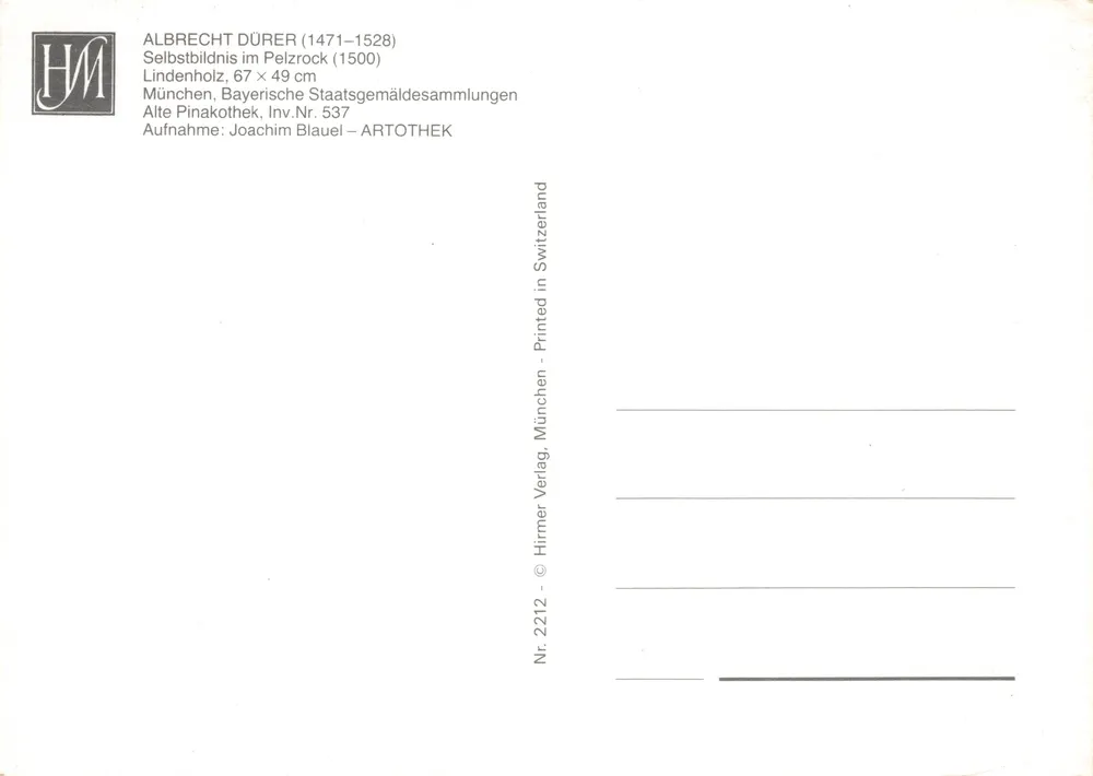 Albrecht Dürer — Selbstporträt in Pelz — Hirmer Verlag, Nr. 2212 - Rückseite