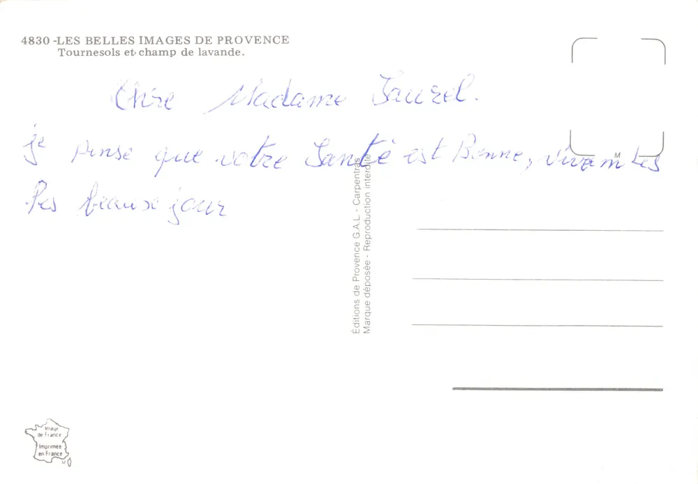 Sonnenblumen und Lavendelfeld — Éditions de Provence G.A.L. n° 4830 - Rückseite