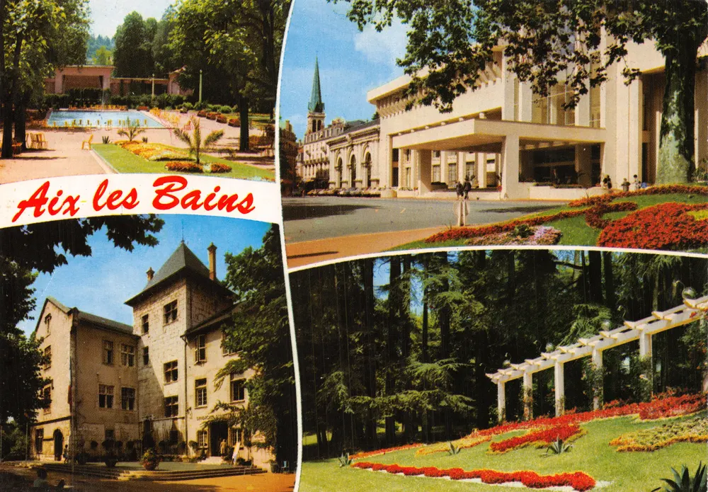 Aix-les-Bains — vue panoramique des principaux édifices et jardins — Éditions DELLARD - Recto